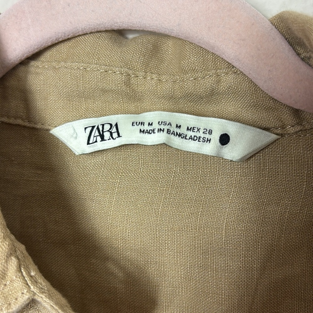 Zara 100% linen Button Down Shirt Tan Size Medium Casual - Picture 5 of 10